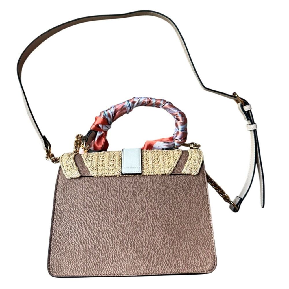 ALDO Satchel Beige & Taupe Straw Flap Bag with Melon Pink Twilly - Picture 2 of 9
